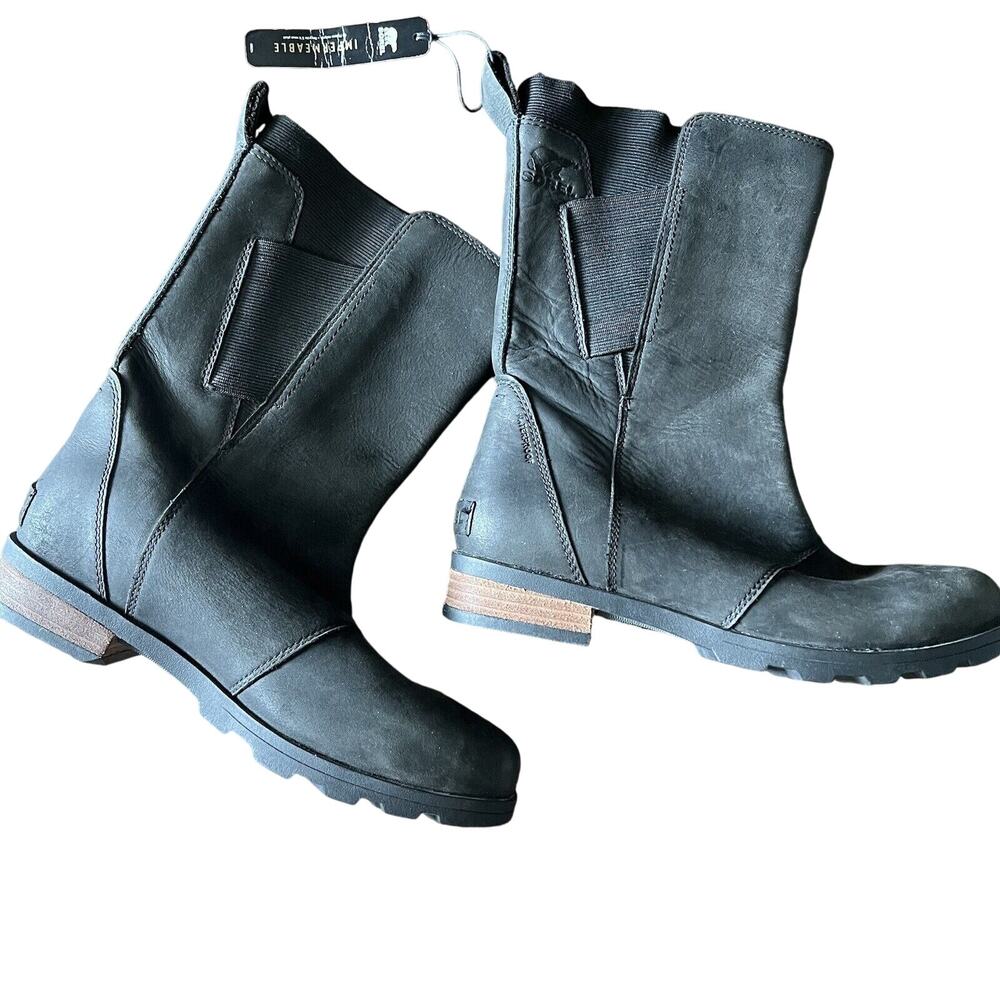 SOREL Emelie Mid Tall Leather Suede Riding Boots Waterproof Black Womens Sz 6